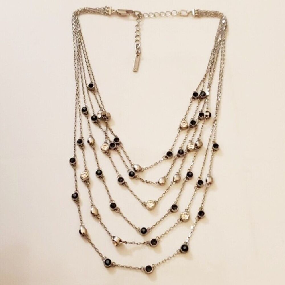 Kenneth Cole Silver Tone Rhinestone Multi Layer Layered Necklace